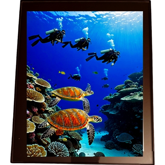 handmade Other - Vibrant underwater scene featuring scuba in a 8x10 Glass Front Frame